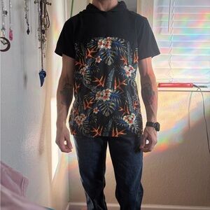 Black Tropical Print Men's Shirt